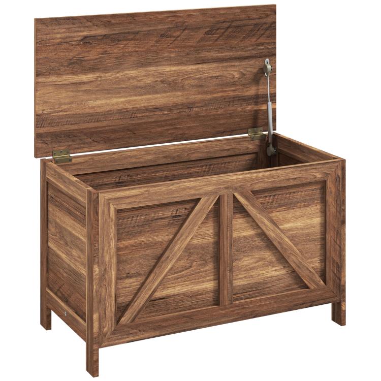 Open farmhouse lift-top storage chest with hinged lid and safety support