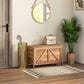 Brown wood lift-top storage chest with X-brace front panel design and safety hinge hardware