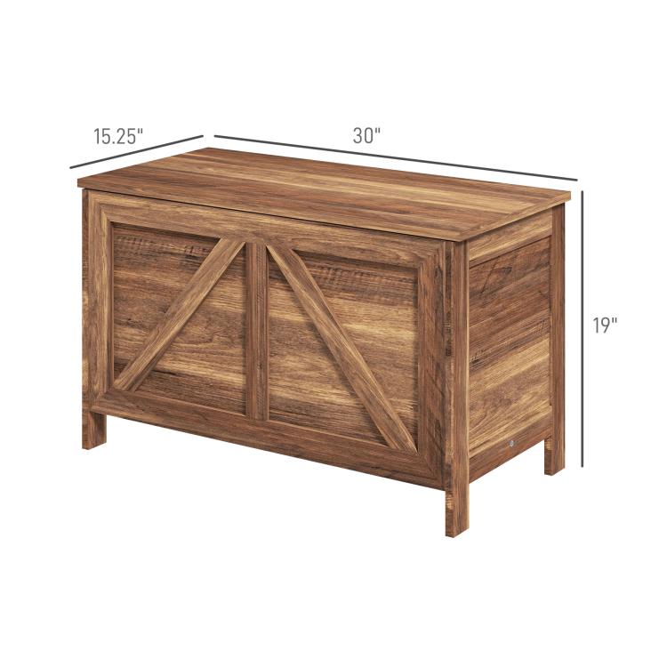 Brown wood lift-top storage chest with X-brace front panel and hinged lid, safety hardware