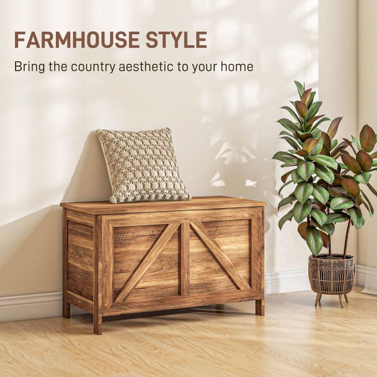 Farmhouse-style lift-top storage chest with X-brace front panel in brown wood grain