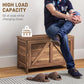 Brown wood lift-top storage chest, reinforced front panel used as seating, heavy-duty build
