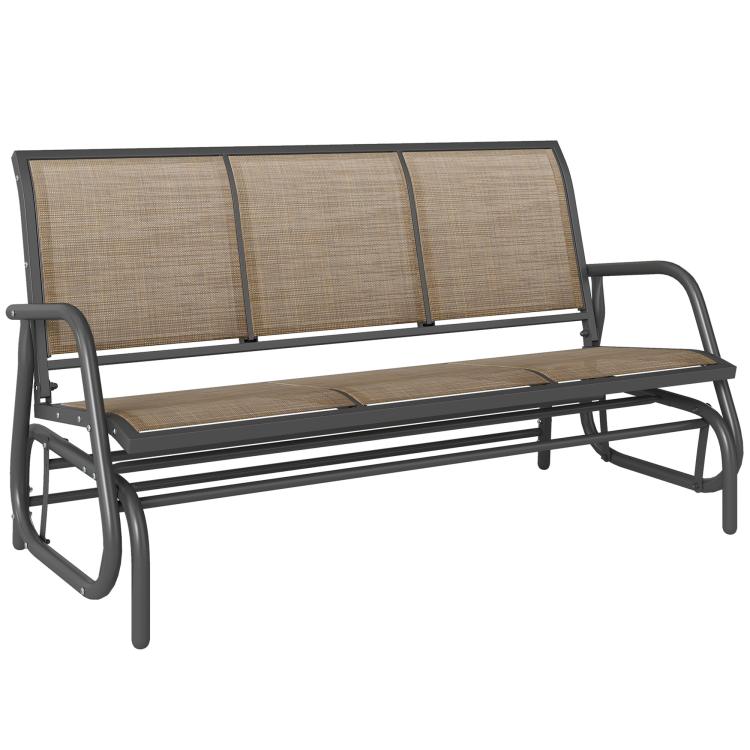 3-seat outdoor glider bench with dark metal frame and tan breathable mesh panels