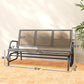 Brown mesh 3-seat glider bench dimensions view with dark metal frame