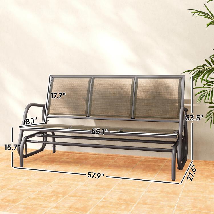 Brown mesh 3-seat glider bench dimensions view with dark metal frame