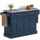 Rolling kitchen island in navy blue with stainless top, drawers, cabinet doors and towel rack
