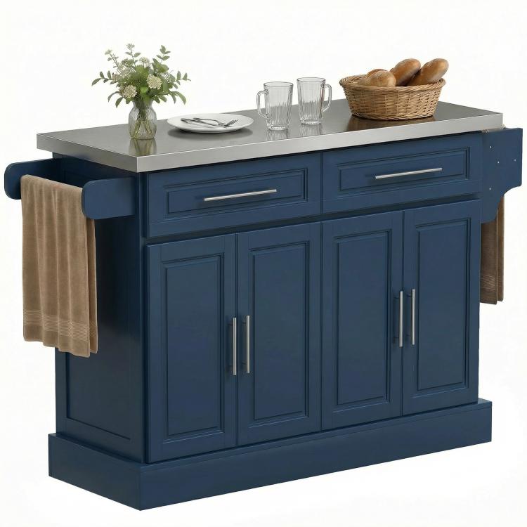 Rolling kitchen island in navy blue with stainless top, drawers, cabinet doors and towel rack