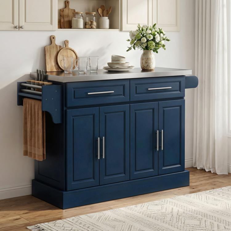 Navy kitchen island cart with stainless top, two drawers, cabinet doors, towel rack