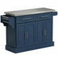Navy kitchen island cart with stainless top, drawer, and cabinet doors, side open shelf