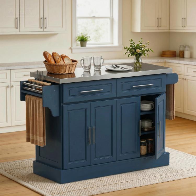 Rolling kitchen island with navy finish and stainless steel worktop, storage doors and drawers
