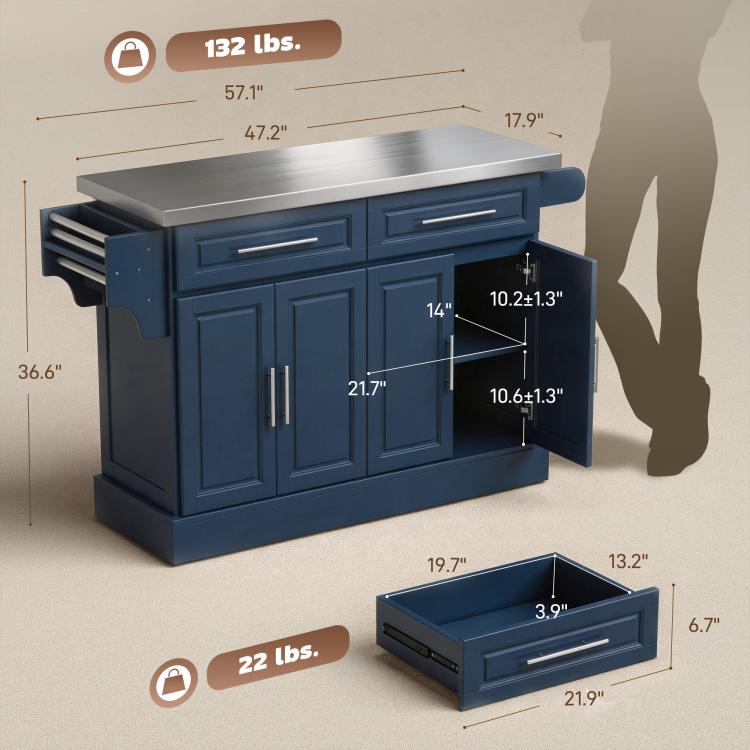 Navy rolling kitchen island with stainless top, open storage and adjustable interior shelving