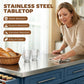 Woman wiping stainless steel tabletop on navy rolling kitchen island; storage cabinets below