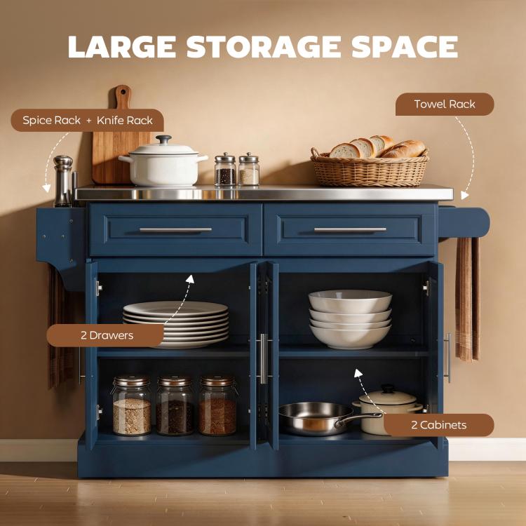 Navy rolling kitchen island with spice and knife racks, towel rack, two drawers, two cabinets