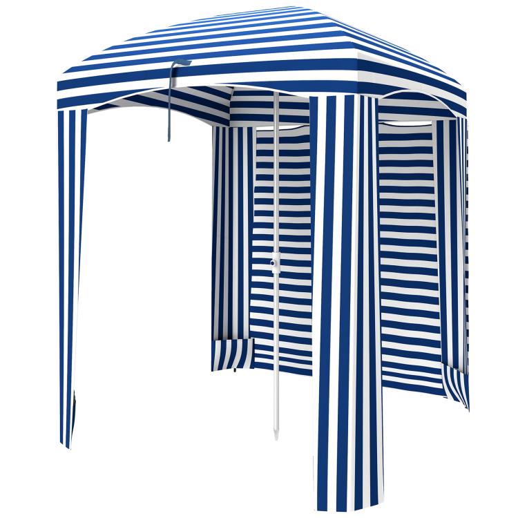 Blue-and-white striped cabana umbrella with side wall panels and vented window area
