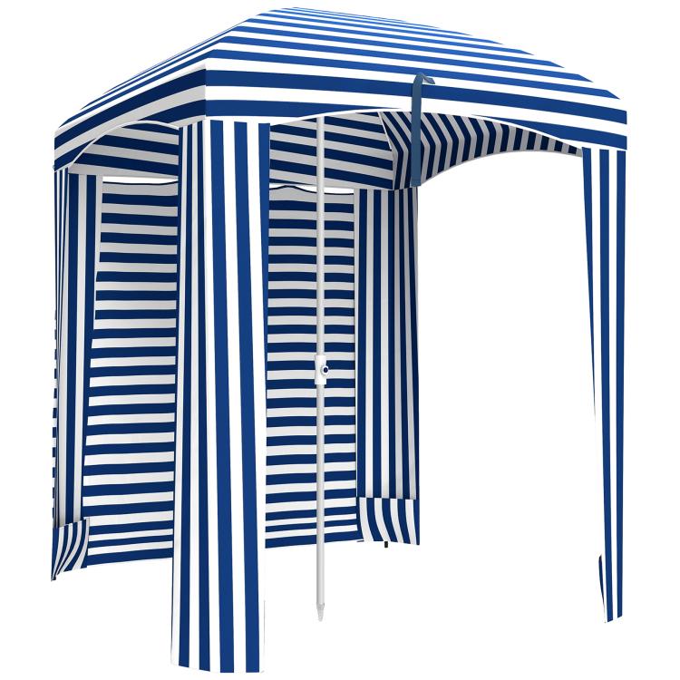 Blue and white striped cabana umbrella with side walls and open entrance