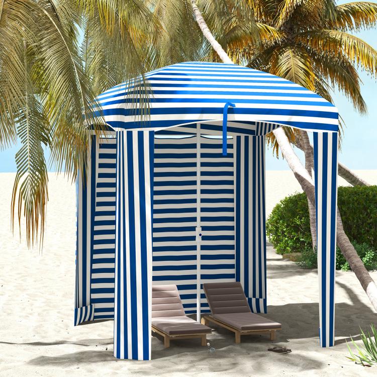 Blue-and-white striped cabana umbrella with wall panels, canopy, and open sides