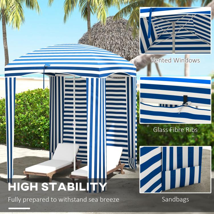 Blue-and-white striped cabana umbrella with vented window panels and wall sections