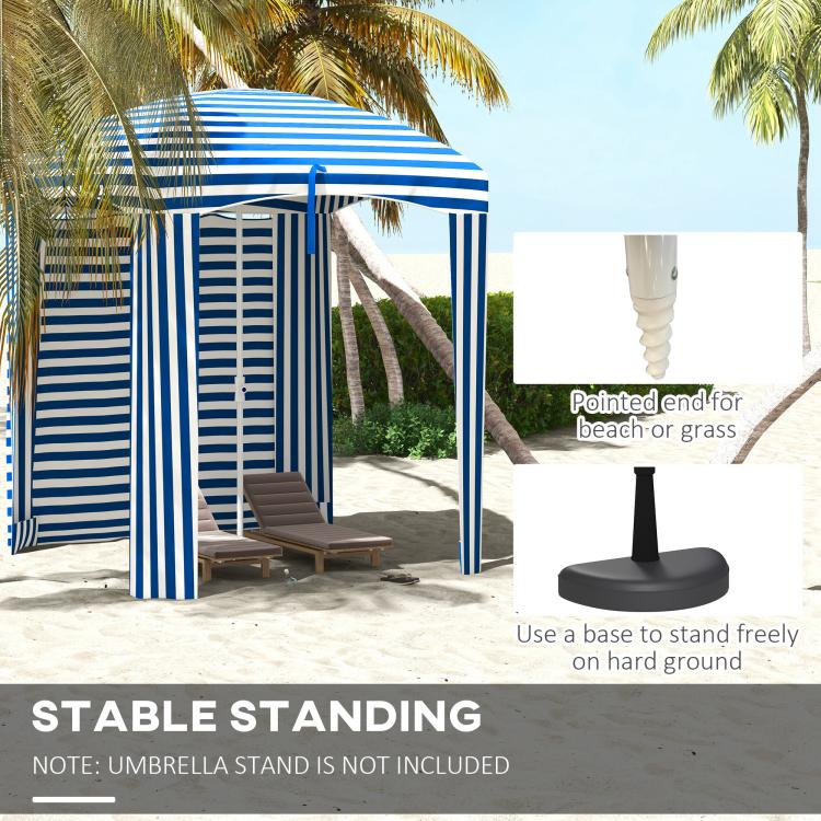 Blue-and-white striped cabana umbrella with pointed ground stakes and open side