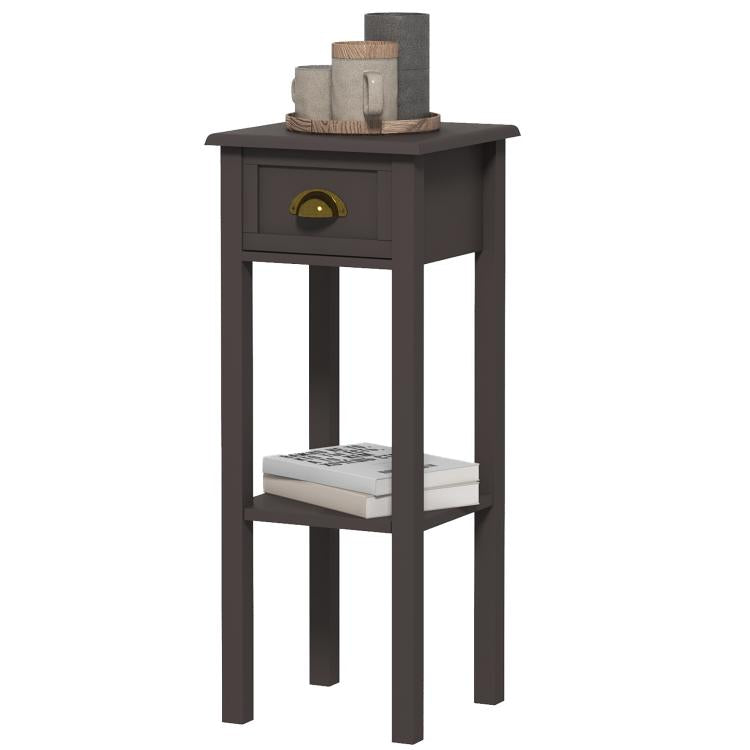 Charcoal side table with drawer, open shelf, and tapered legs