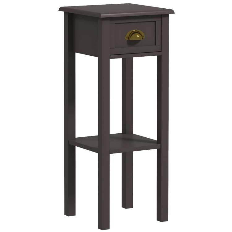 Dark wood end table with drawer and bottom shelf, square tabletop