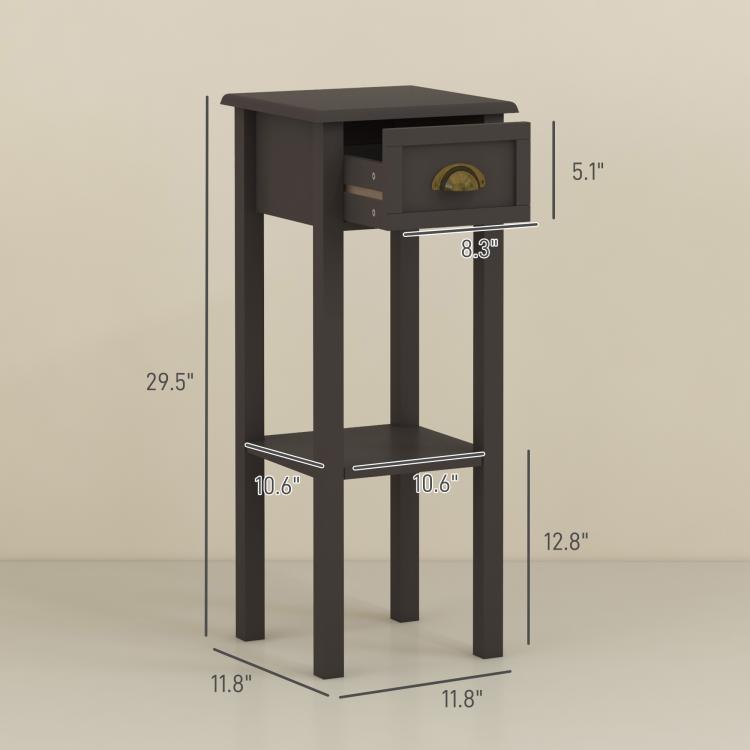 Charcoal side table with drawer and open bottom shelf, front view