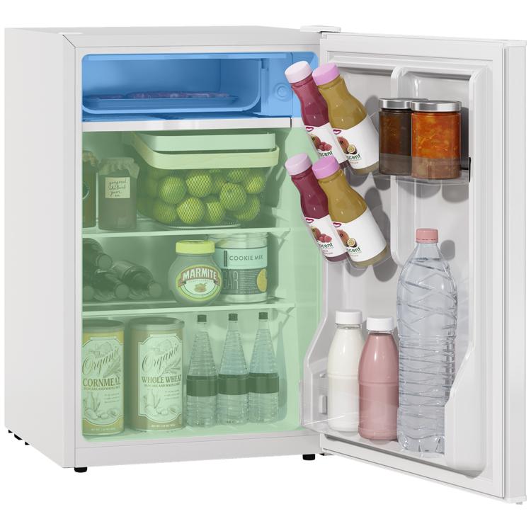 White mini fridge with single door open, showing freezer compartment and interior shelves