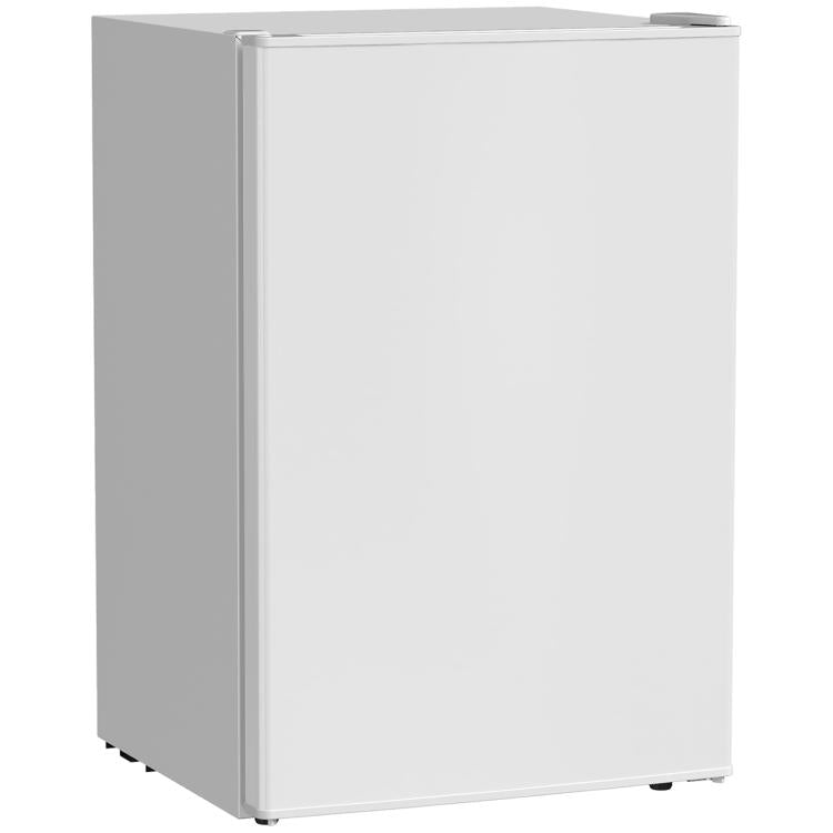 White compact mini fridge, side view, single door