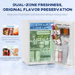 White mini fridge with door open, displaying freezer area and interior storage