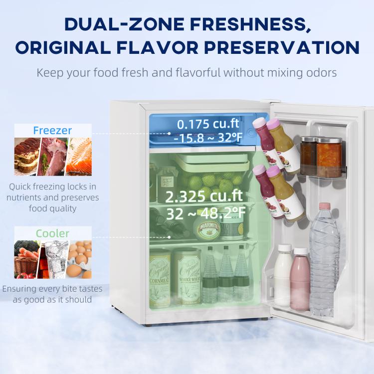 White mini fridge with door open, displaying freezer area and interior storage