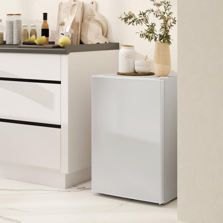 White single-door mini fridge cabinet, freestanding with flat front