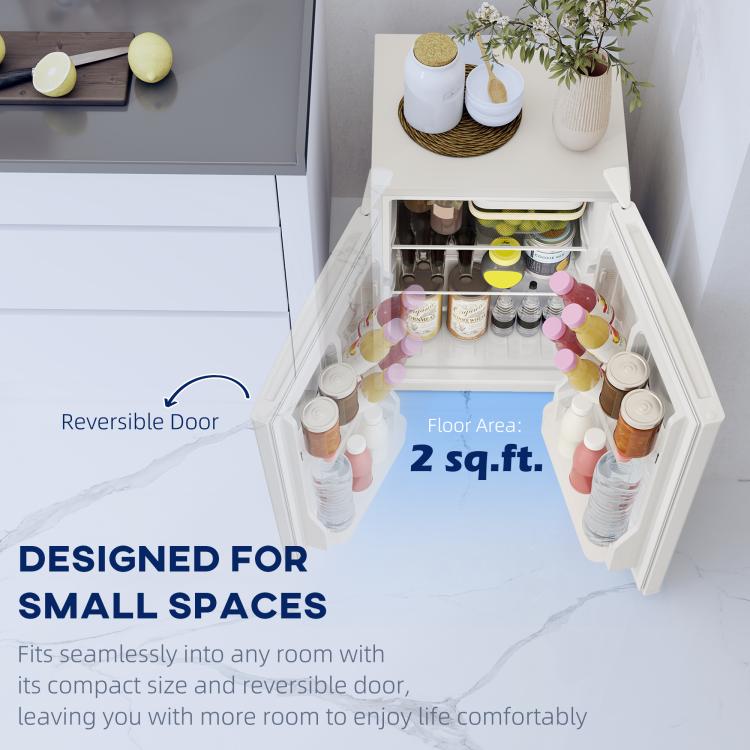 White mini fridge with door open, showing interior compartments and bottles