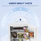 White mini fridge with single door open, showing freezer tray and door storage