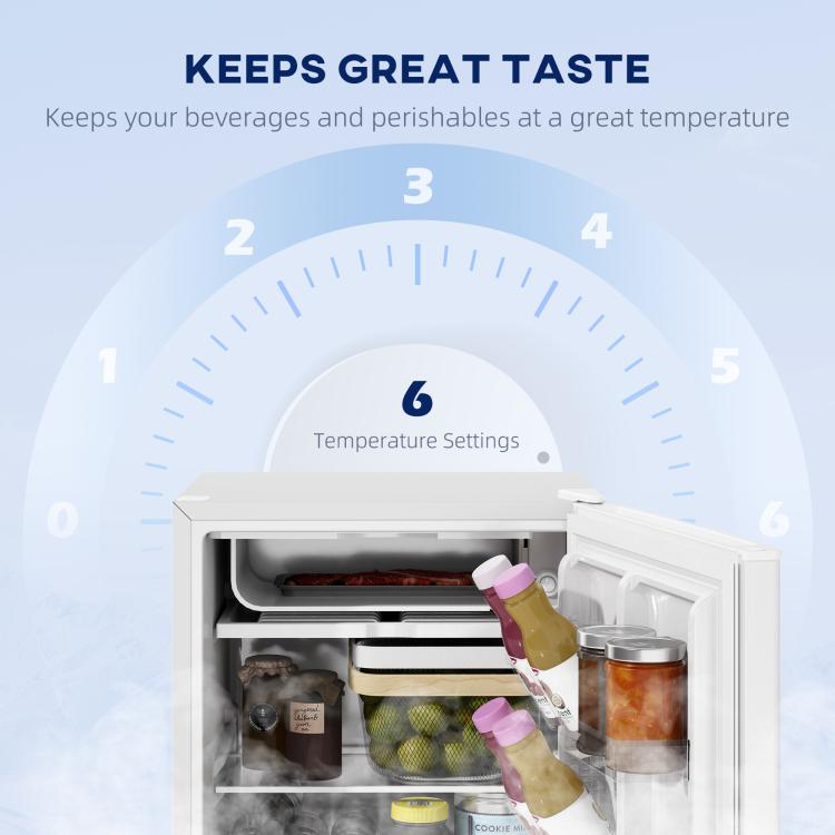 White mini fridge with single door open, showing freezer tray and door storage