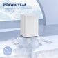 White compact mini fridge with single door, upright freestanding design