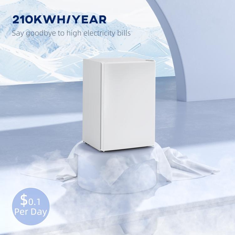 White compact mini fridge with single door, upright freestanding design