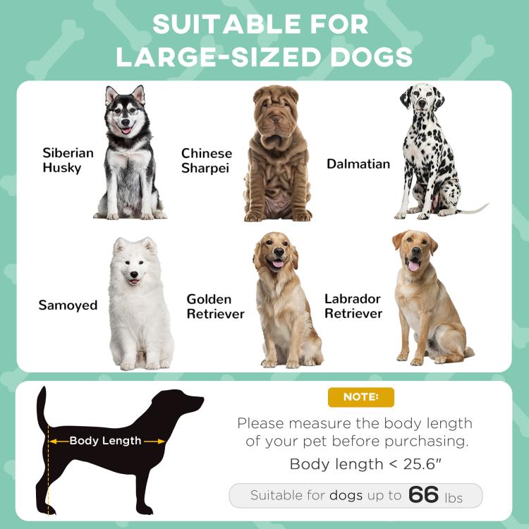 Elevated canopy dog bed size guide for large dogs, with dog icons