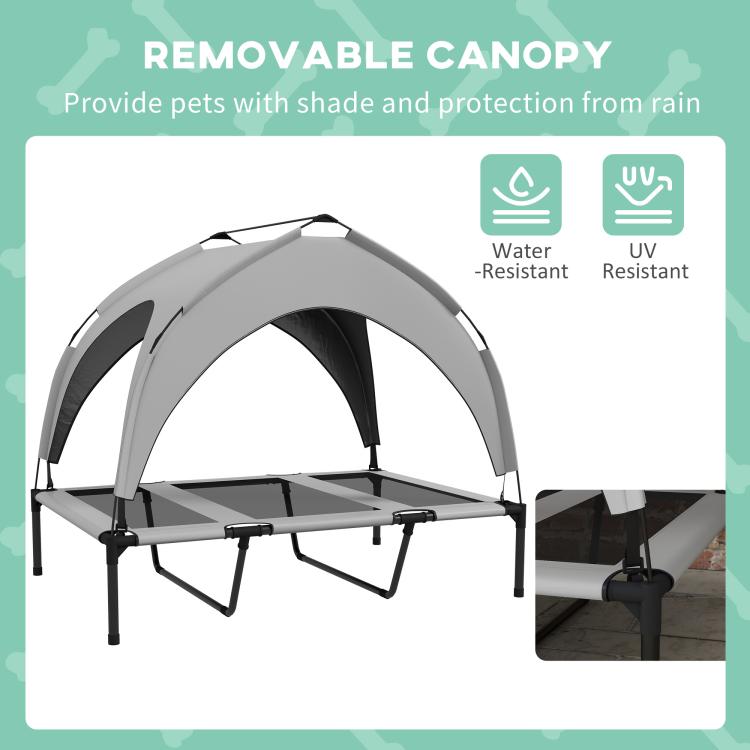 Raised dog bed with removable canopy for shade and rain protection, feature graphic