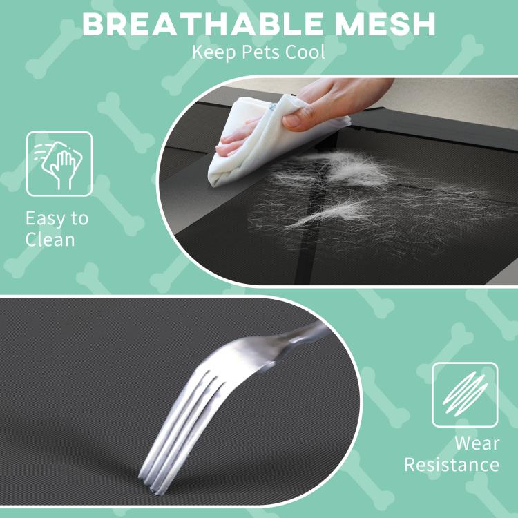 Breathable mesh dog bed pad, wipe-clean surface and wear-resistant fabric shown