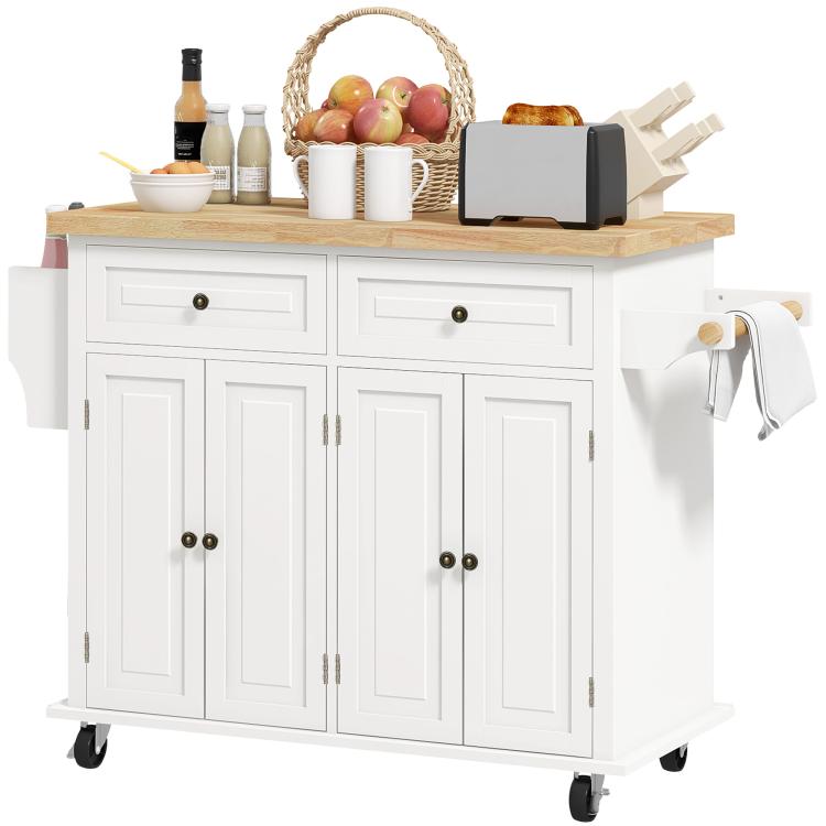 Cream white rolling kitchen island cart with rubberwood top, drawer fronts, and cabinet doors