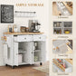White kitchen island cart with spice rack, towel bar, drawers, and cabinets on wheels