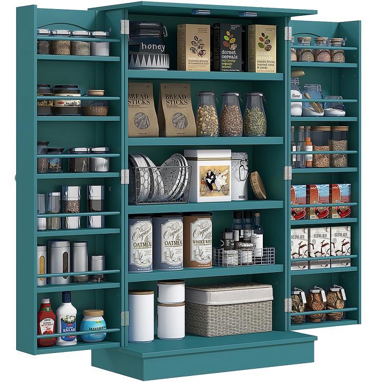 Blue freestanding pantry cabinet with double doors and multi-tier open shelves