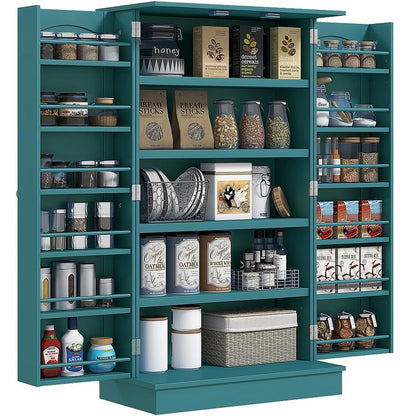 Blue freestanding pantry cabinet with double doors and multi-tier open shelves