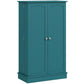 Blue freestanding pantry cabinet with two paneled doors and side pull handles
