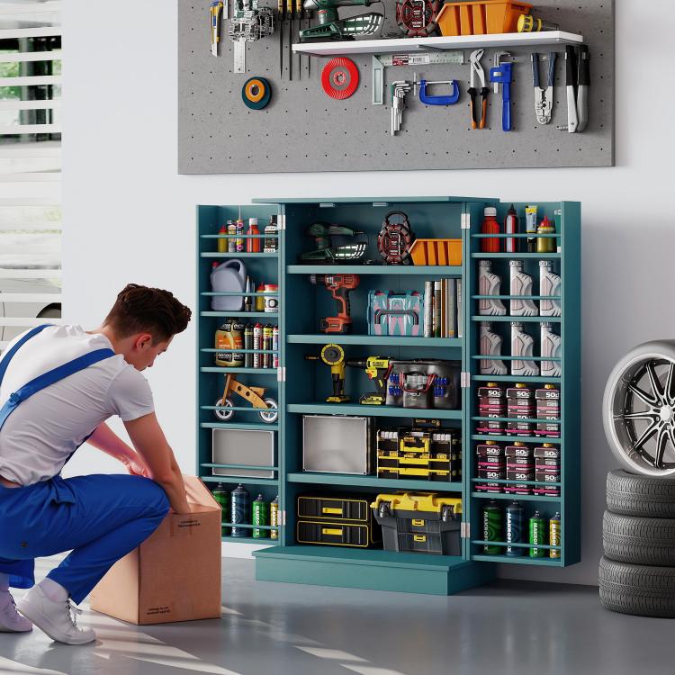 Blue kitchen pantry cabinet with double doors and 5-tier interior shelving, open front