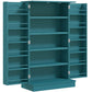 Blue freestanding pantry cabinet with open double doors and 5-tier shelf storage