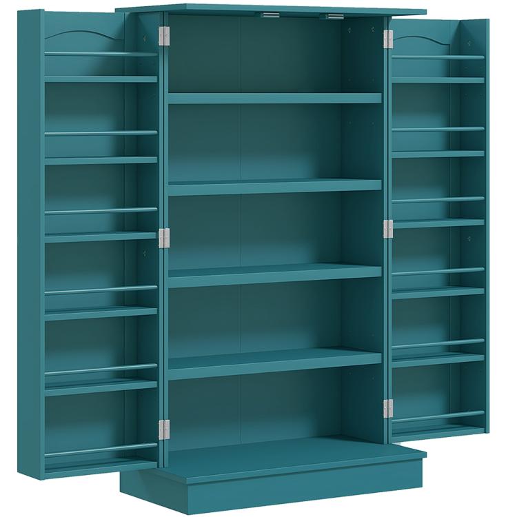 Blue freestanding pantry cabinet with open double doors and 5-tier shelf storage