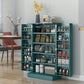 Blue kitchen pantry cabinet open to reveal shelves for jars and storage bins