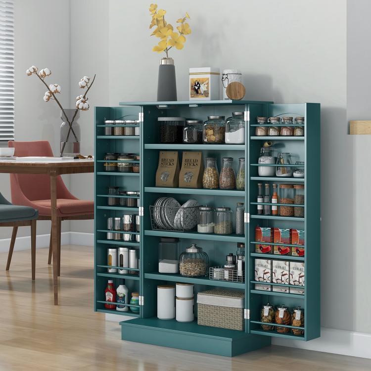 Blue kitchen pantry cabinet open to reveal shelves for jars and storage bins