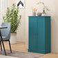 Blue freestanding pantry cabinet with double doors and a flat bottom shelf