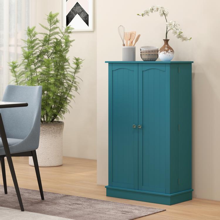 Blue freestanding pantry cabinet with double doors and a flat bottom shelf