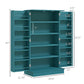 Blue pantry cabinet shown open with five-tier shelving and double doors